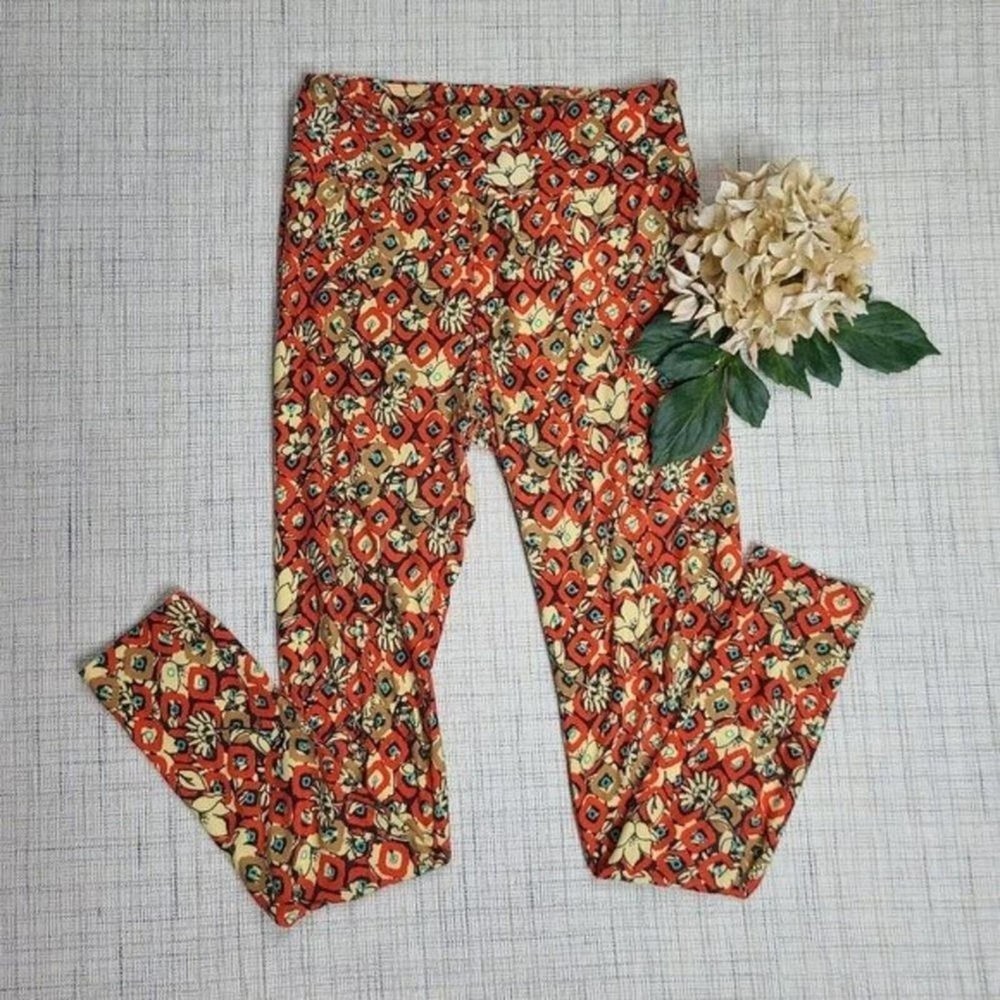 LuLaRoe Women's Orange Floral Leggings with Elastic Waistband One Size