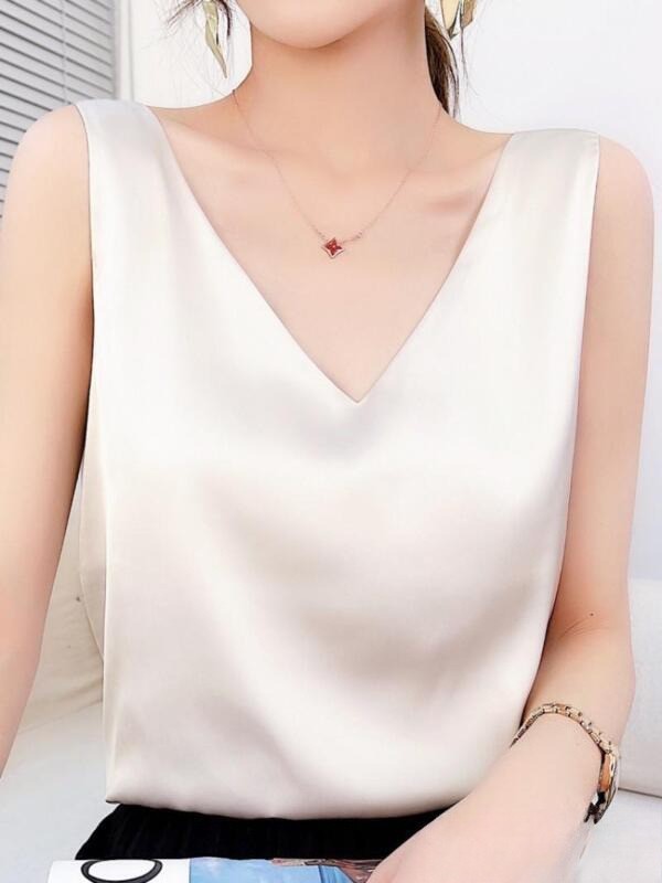 Summer Womens OL Sleeveless Silk Satin V-neck Tank Top Shirt Blouse Work OL HOT