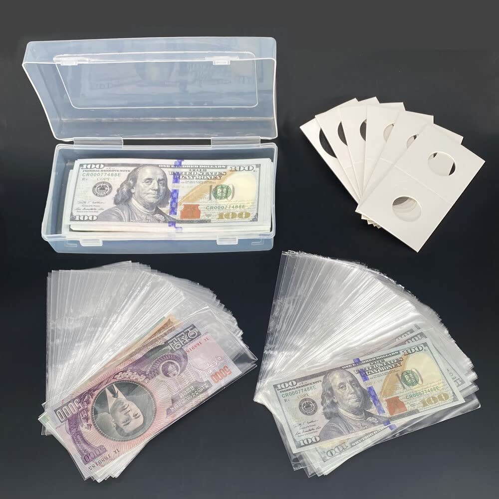 200 Pcs Clear Plastic Paper Money Sleeves Holder with Storage Box,Bill Protec...