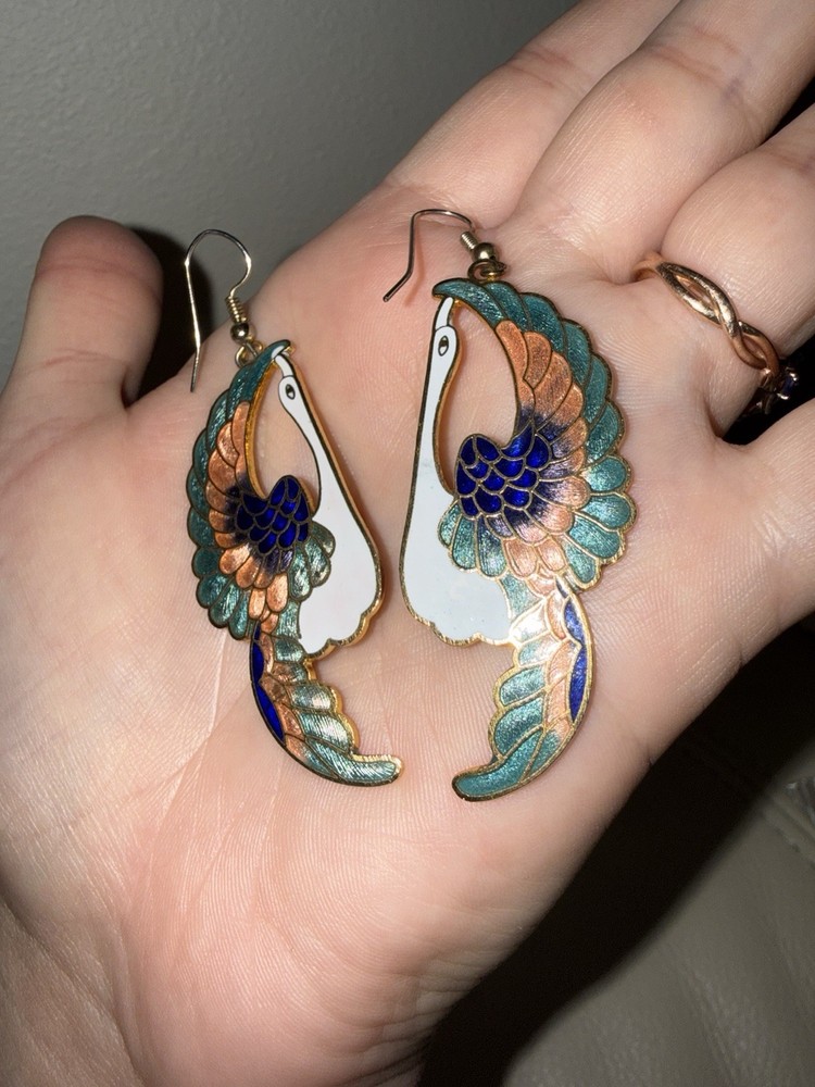 Bird Cloisonné Vintage Earrings Dangle Gold Tone