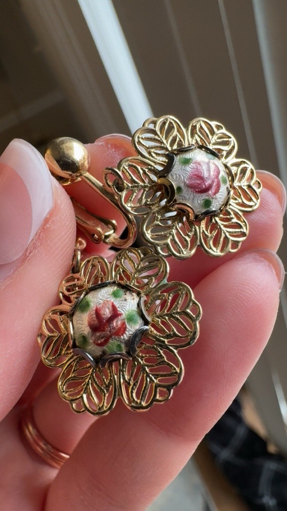Vintage Park Lane Guilloché Enamel Rose Clip On Earrings Gold Tone Filigree