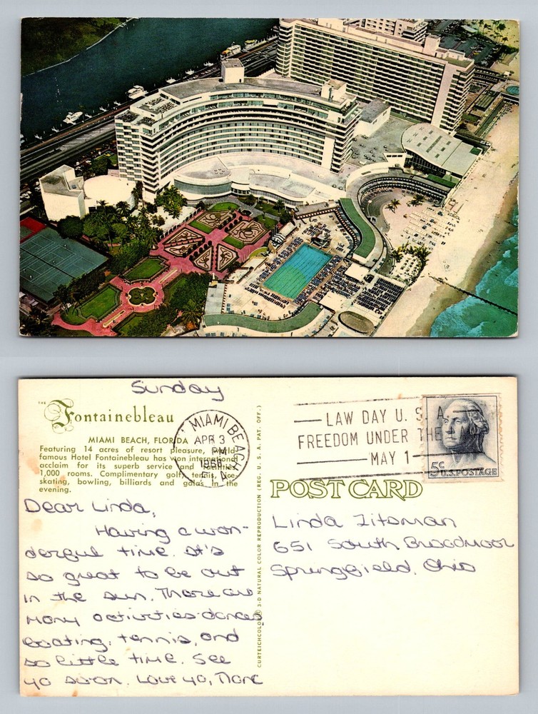 Miami Beach, FL-Florida, Aerial Fontainebleau Hotel Pool Vintage c1966 Postcard