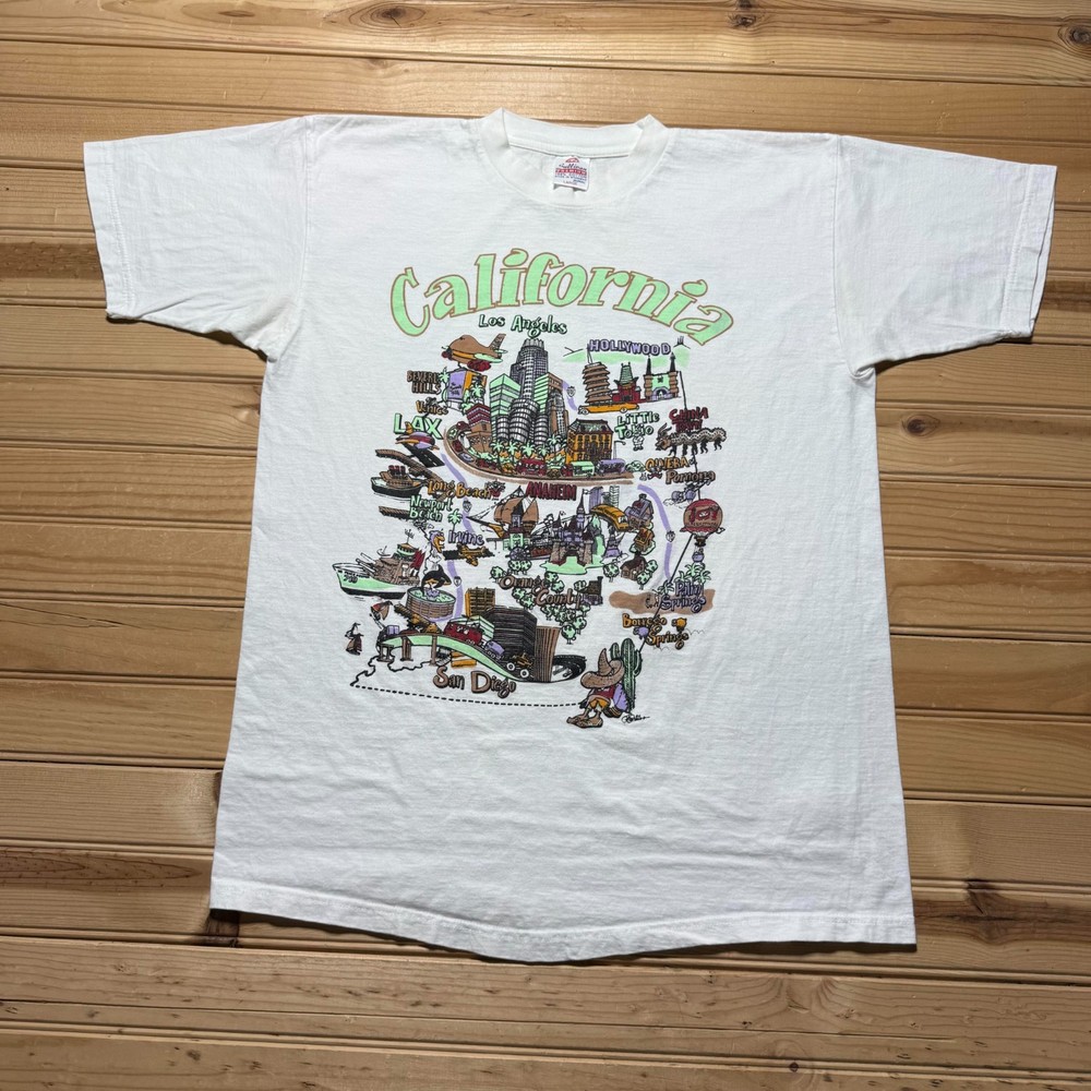 Vintage 90s California Map Los Angeles Hollywood Graphic Souvenir T-Shirt Large