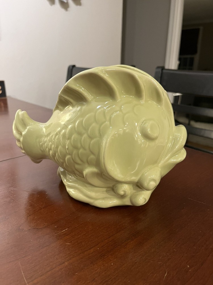 Ceramic Fish Planter Flower Vase Lime Green Sea Life Decor Miscellaneous Holder