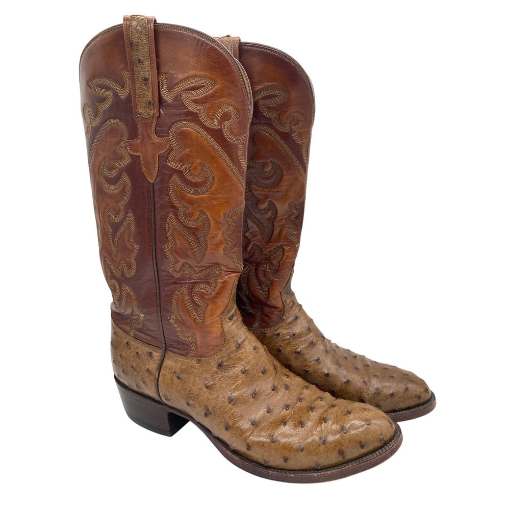 Lucchese Men's 9D Brown Ostrich Leather Luke Cowboy Boots Western Rodeo