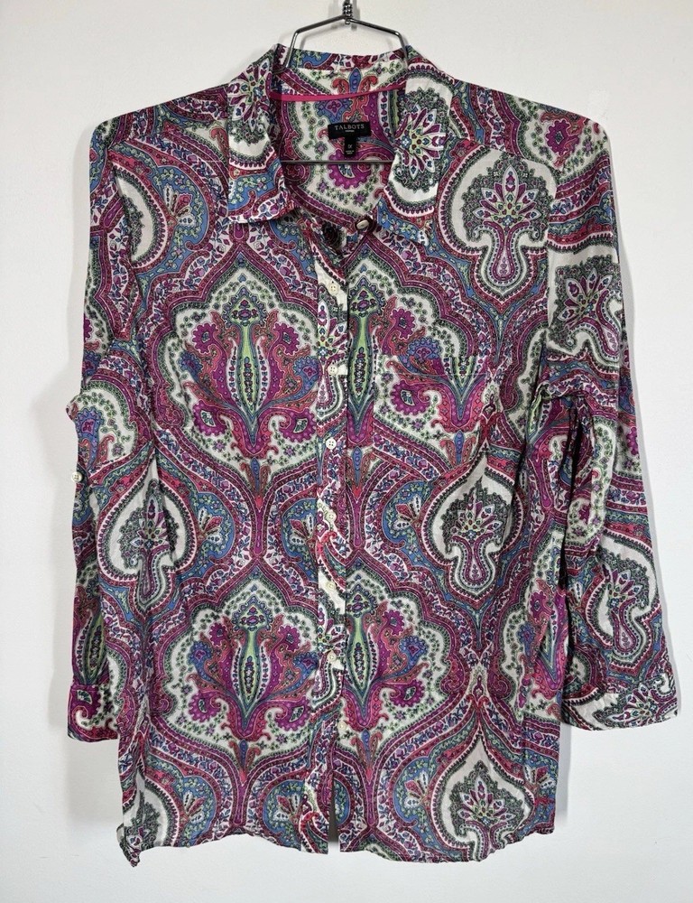 Talbots 100% Cotton Long Roll Tab Sleeve Button Up Blouse Paisley Size 1X Career
