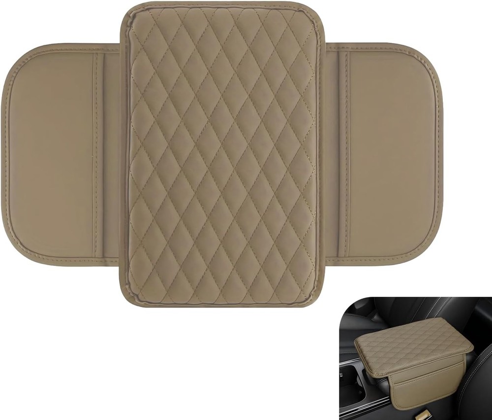 Soft Microfiber Leather Center Console Armrest Cover with Storage Color: beige