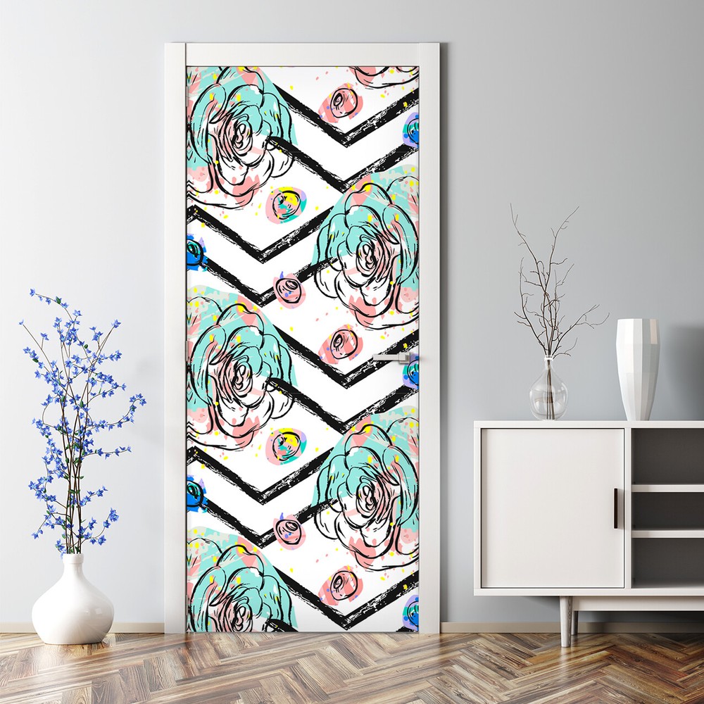 Hand Drawn Floral Dot and Line Bubble-Free Door Decal Sticker  