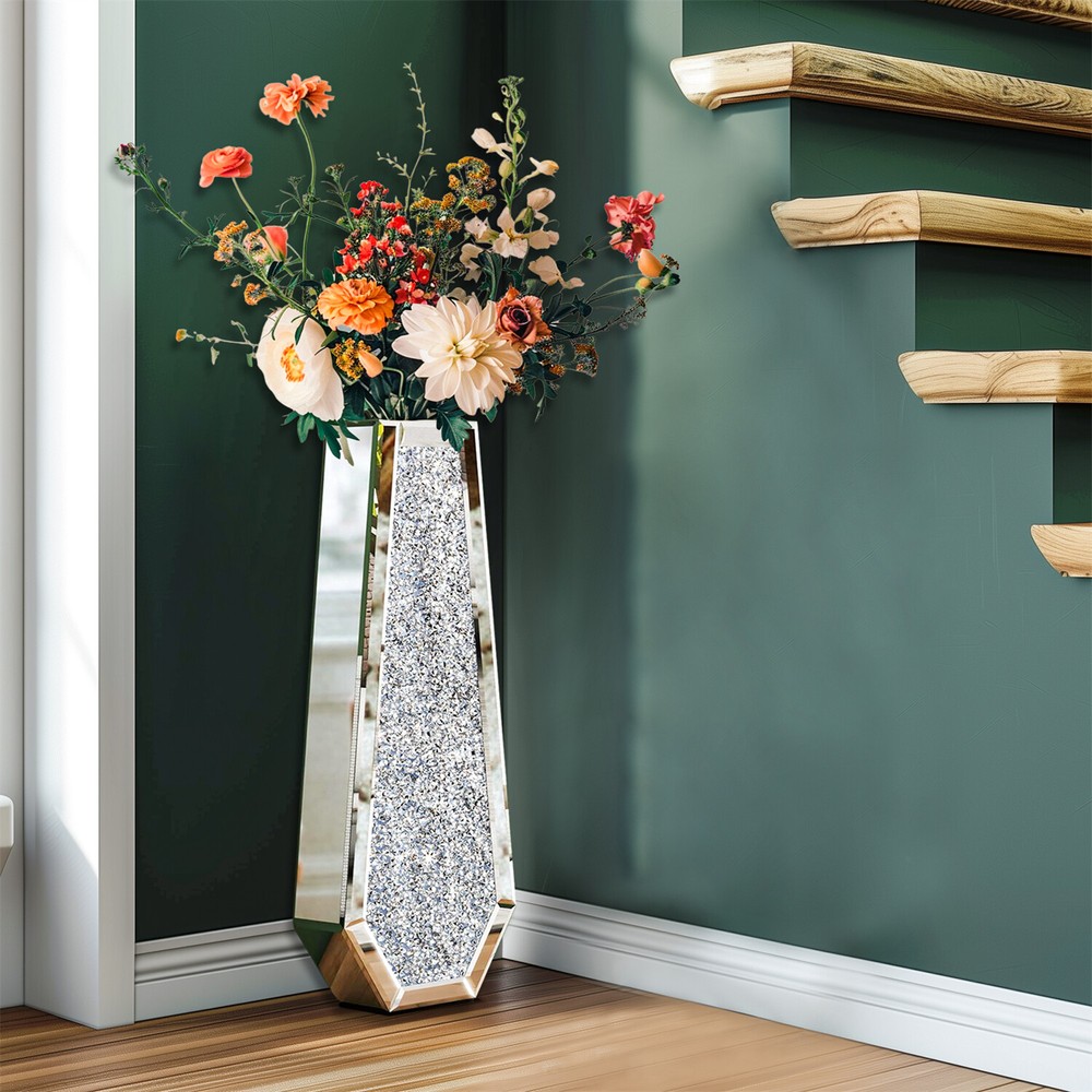 Crushed Diamond Mirrored Floor Vase 27” Tall Silver Glass Decorative Mirror Vase