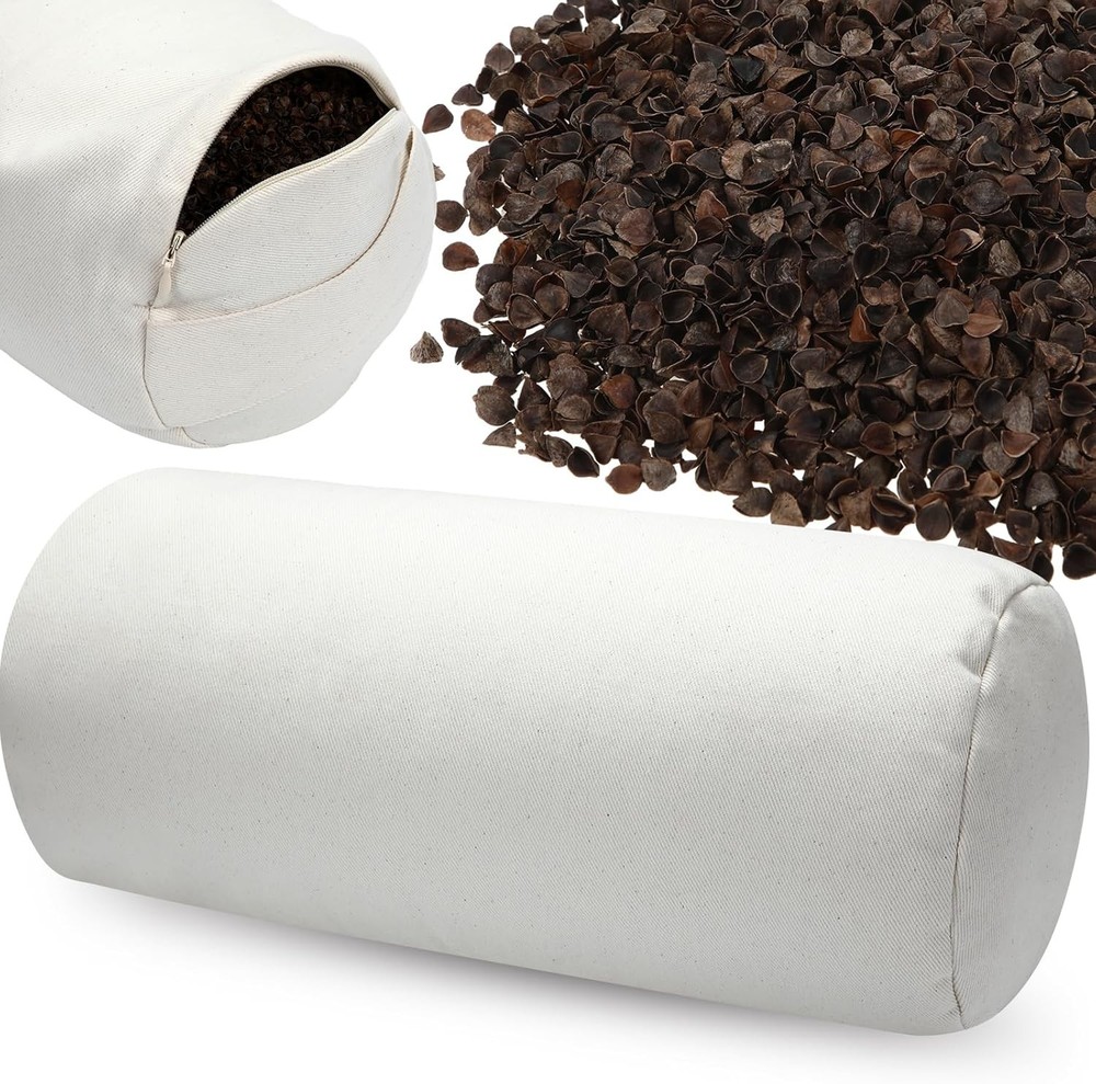 Buckwheat Pillow Cylinder Bolster to Provide Firm Support, Beige