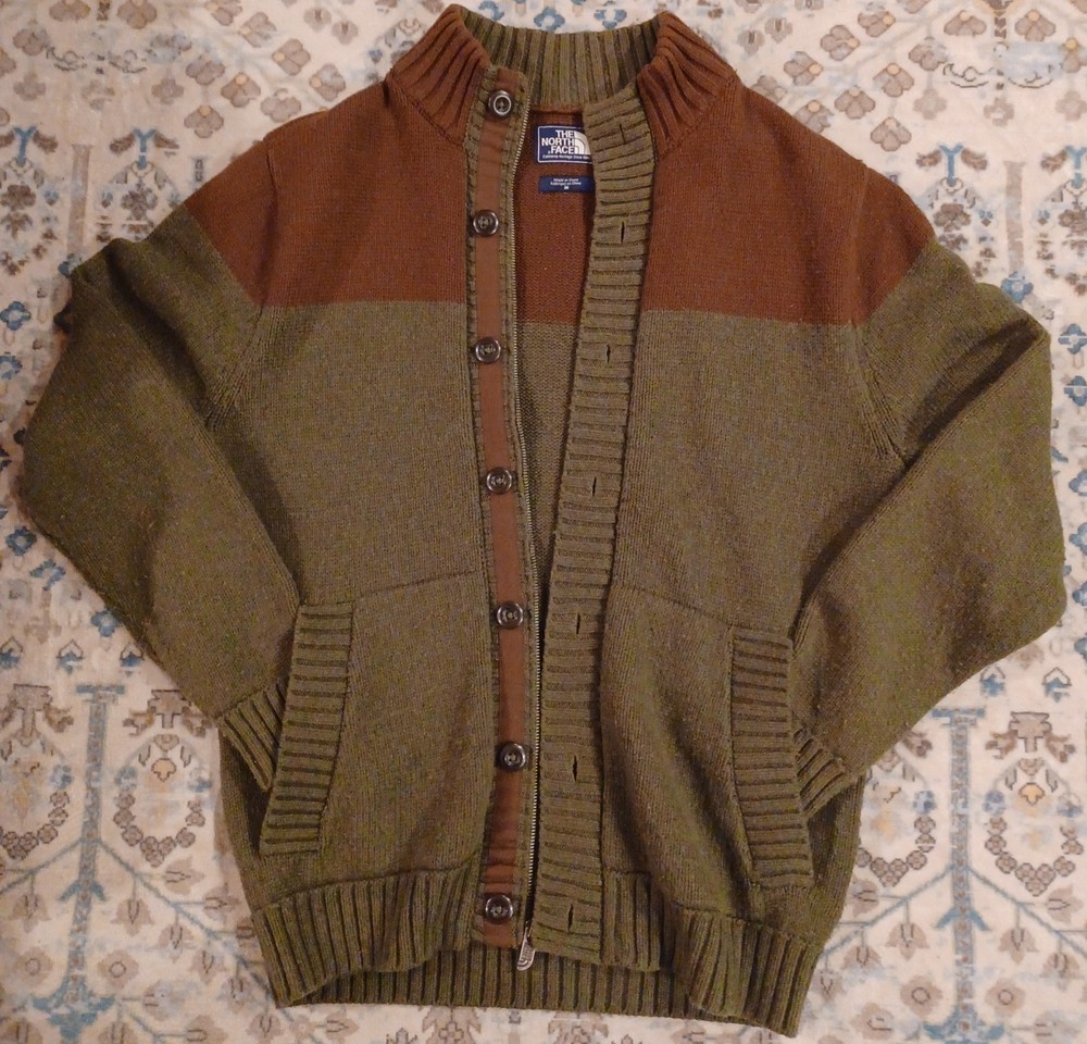 The North Face Men's Medium Full Zip Green Brown Button Up Sweater Wool