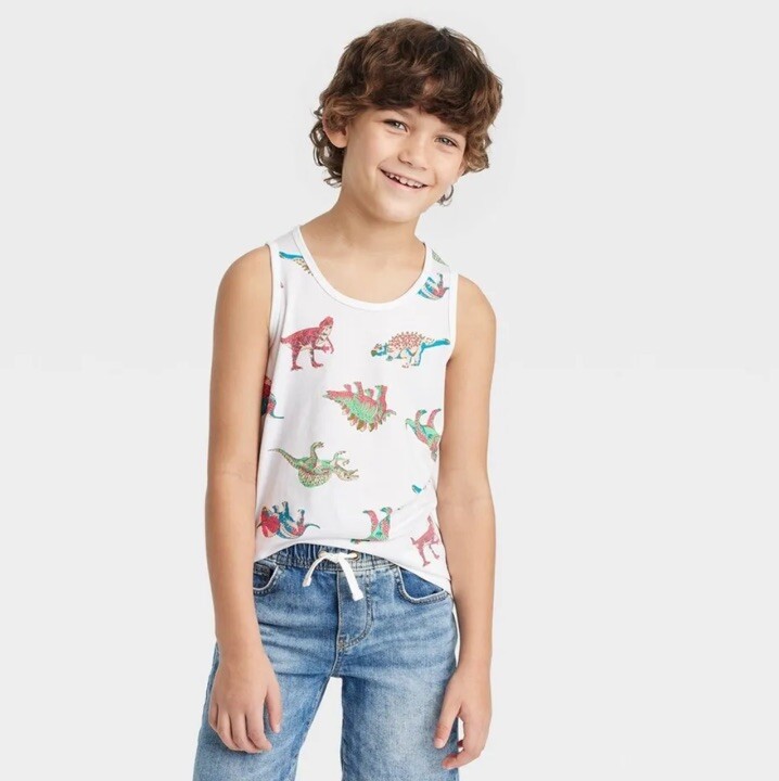 Cat & Jack Tank Top Boy’s L Large 10 12 White Dinosaur Print Graphic Shirt New