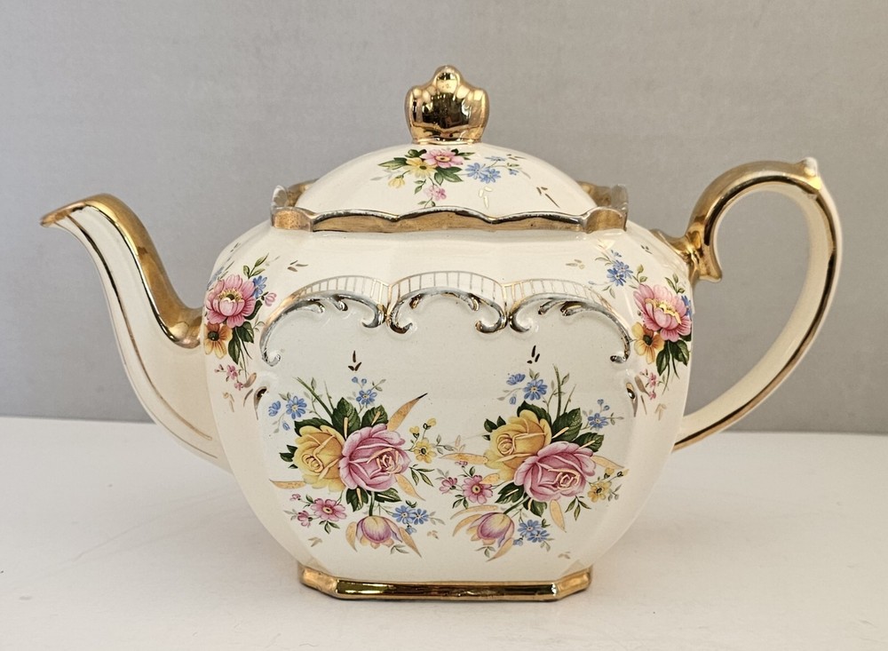 Vtg SADLER 2657 Princess CUBE Teapot Pink Yellow Roses Gold Gilt ENGLAND Rare