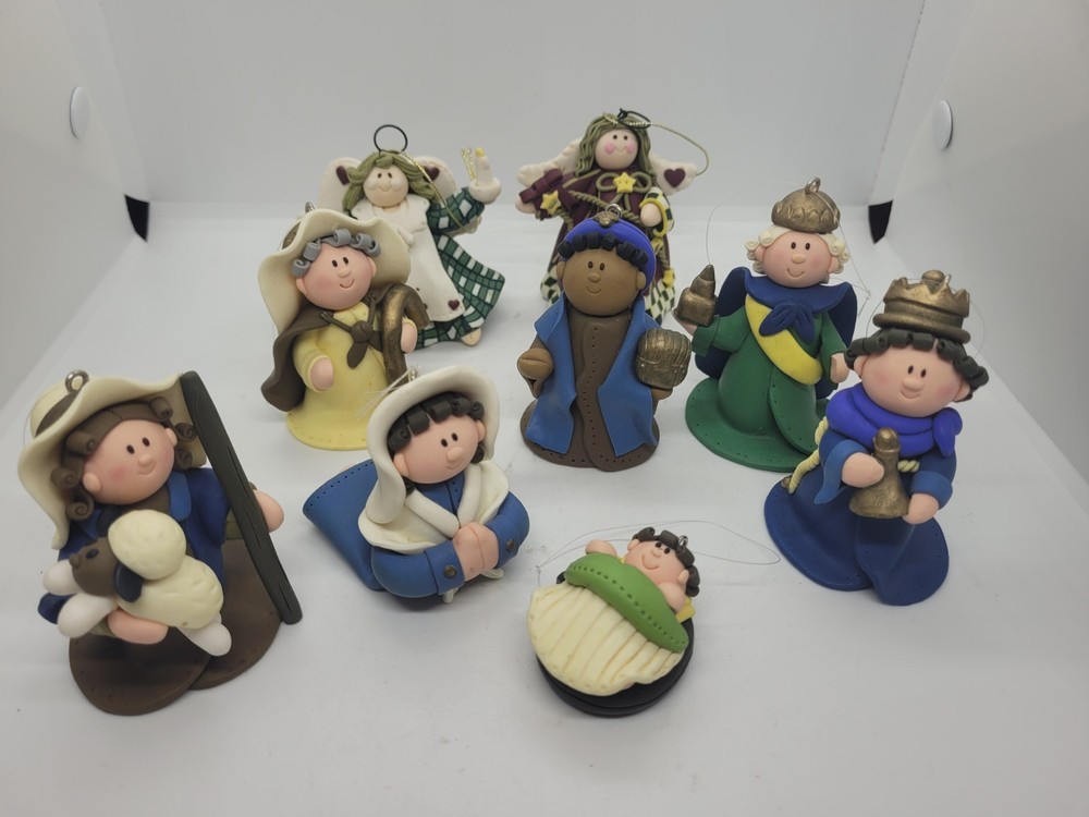 Polymer Clay Colorful Nativity Figurines Baby Jesus Mary Wisemen Angel In Scene
