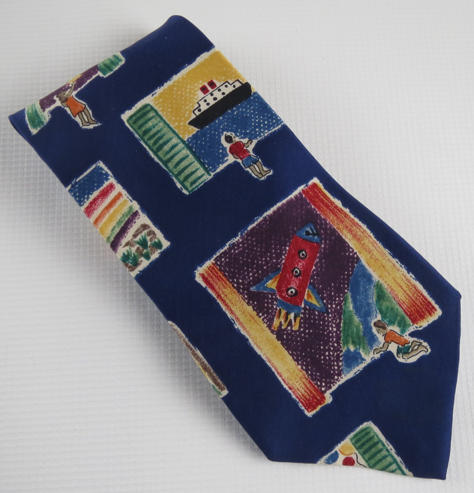 Save The Children Vtg 90s Mens Silk Tie Novelty Kids Art Ship Rocket Blue USA