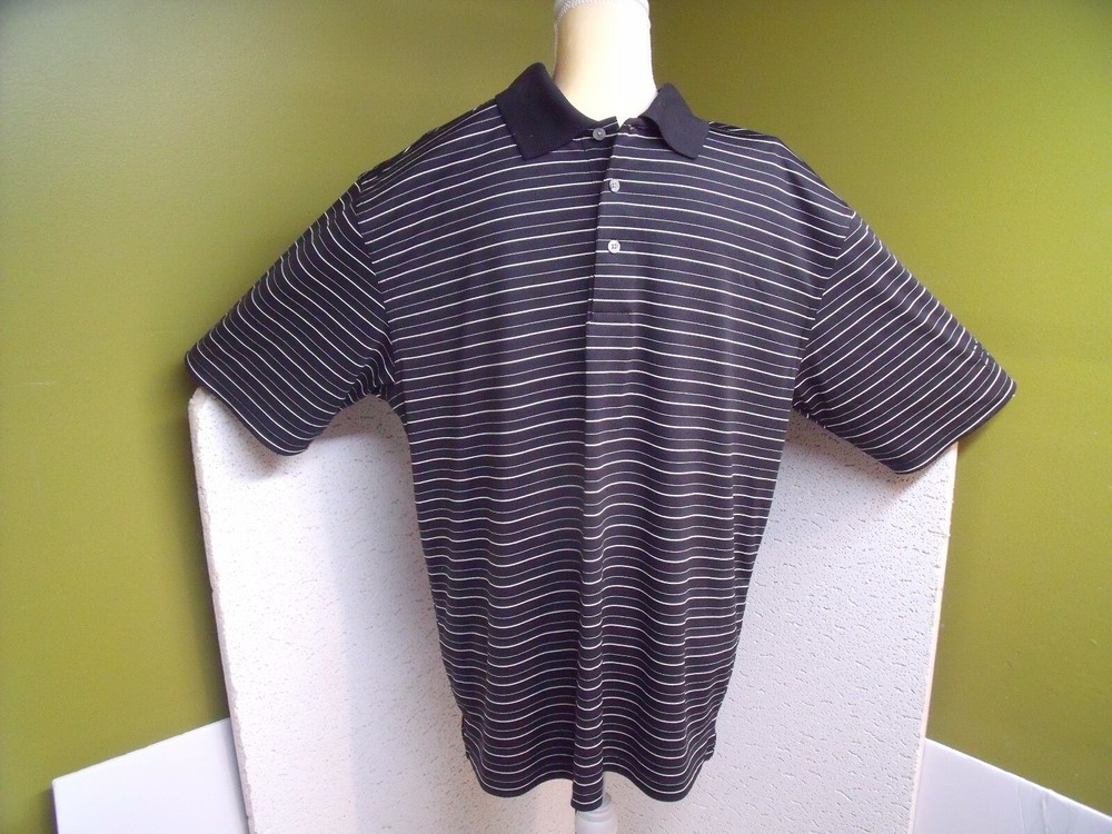 PGA Tour Mens Golf Shirt Short Sleeve Black White Stripe Embroidered Logo L