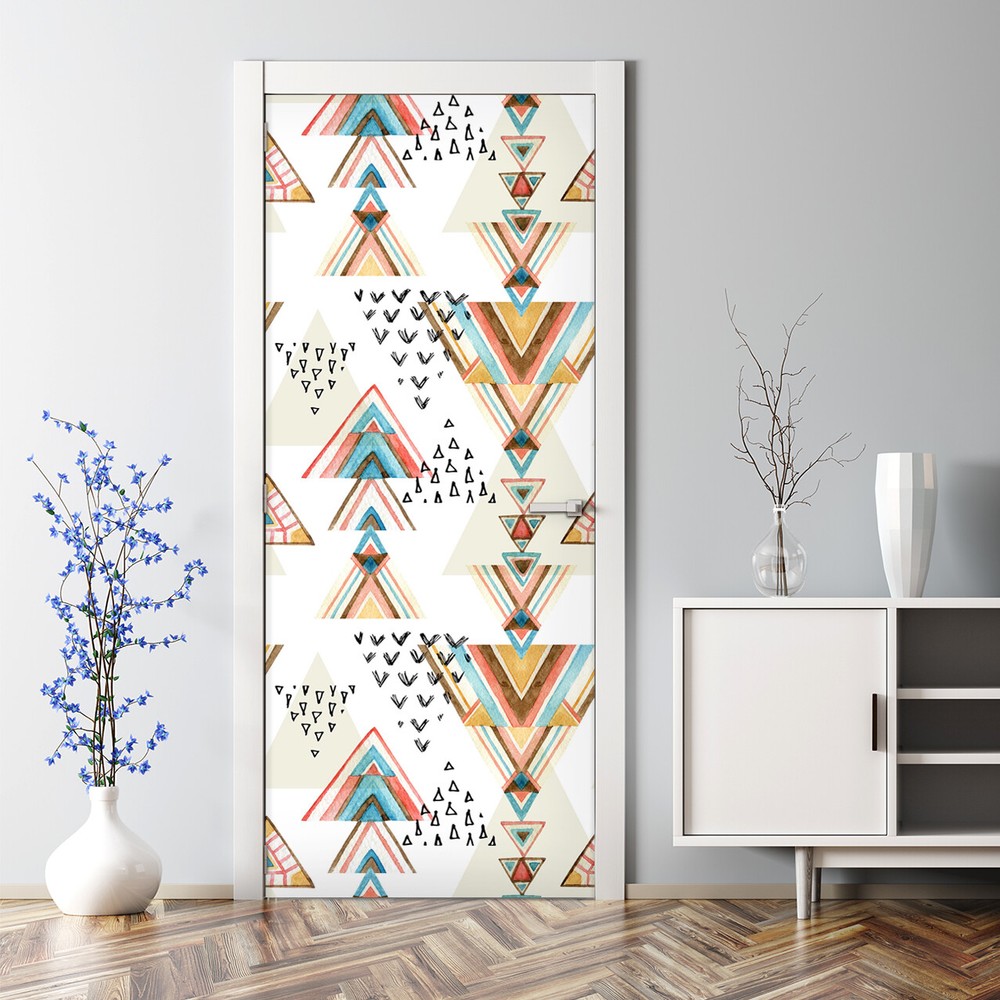 Ethnic Watercolour triangles pattern abstract Colourful Bubble Free Door sticker