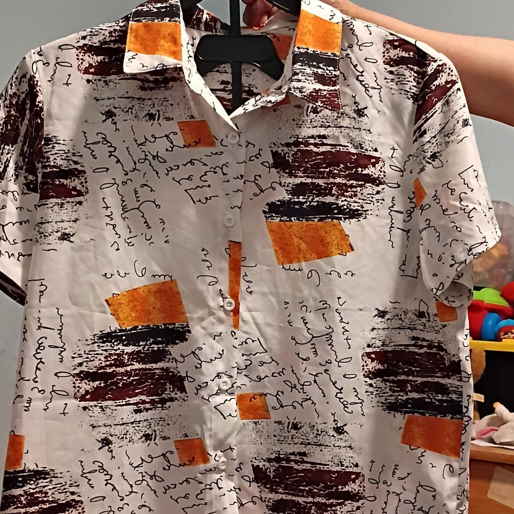 Men's Abstract Print Short Sleeve Button-Up Shirt White Orange Brown Cotton M