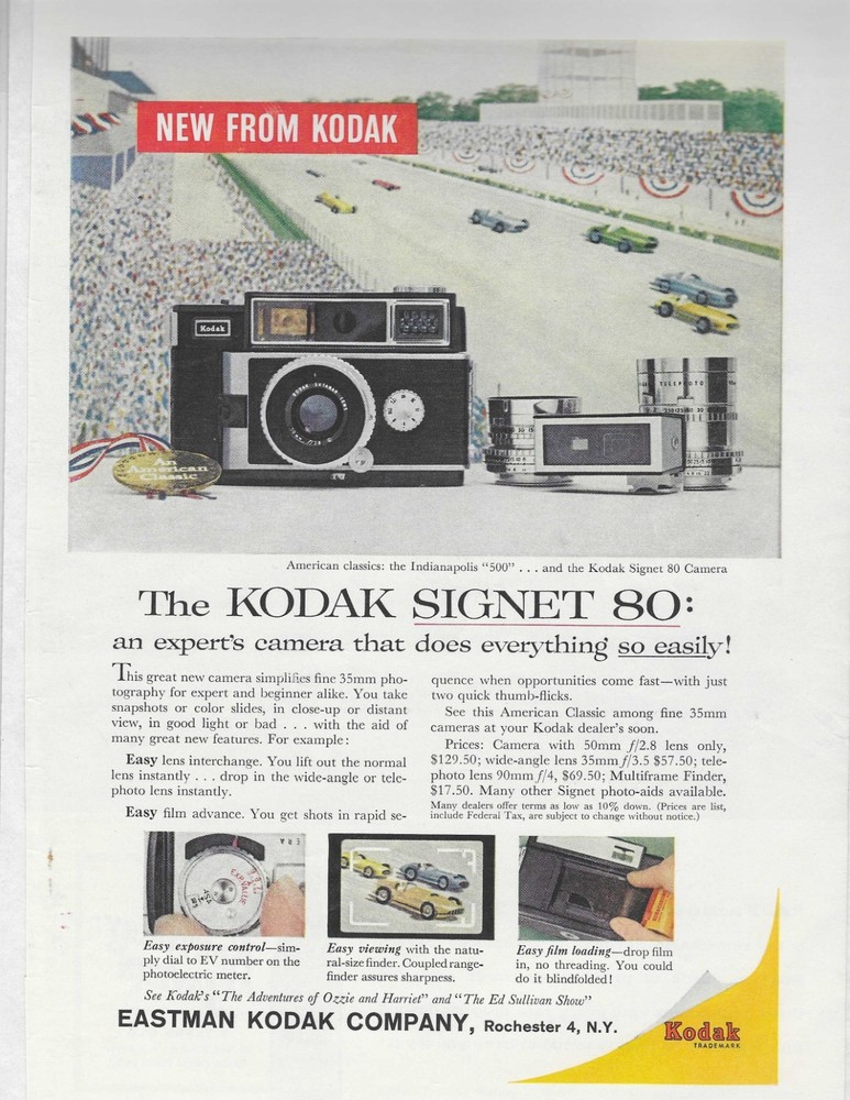 Indianapolis 500  The Kodak Signet 80 Original Print Ad