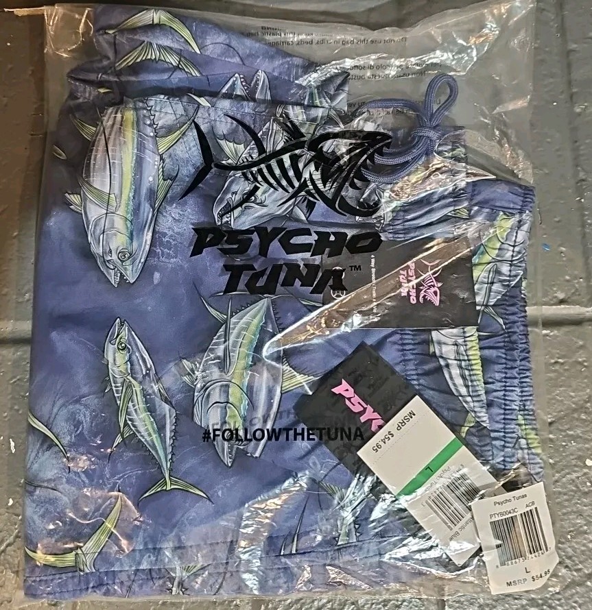 Psycho Tuna Blue Parrot Swim Trunks Board Pool Shorts  Large NWT