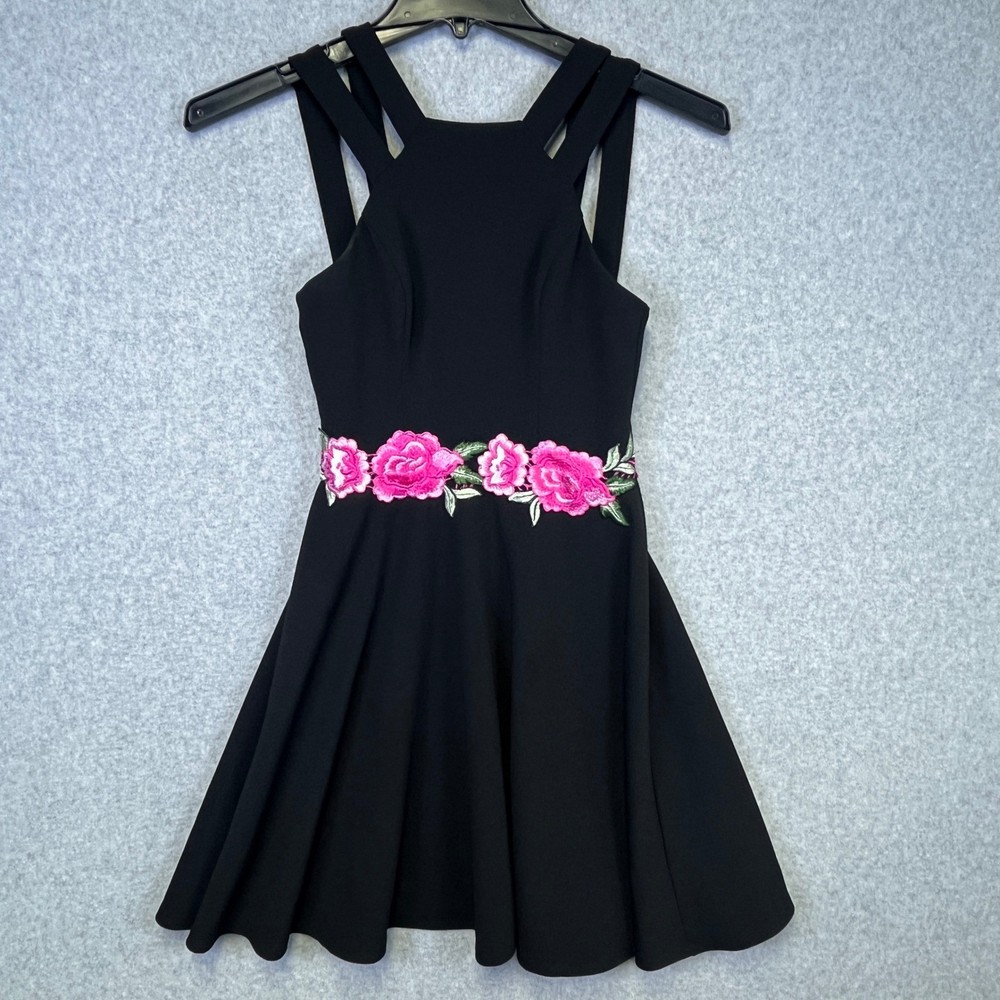 B Darlin Dress 3/4 Black Pink Rose Floral Embroidered Mini Fit Flare Formal