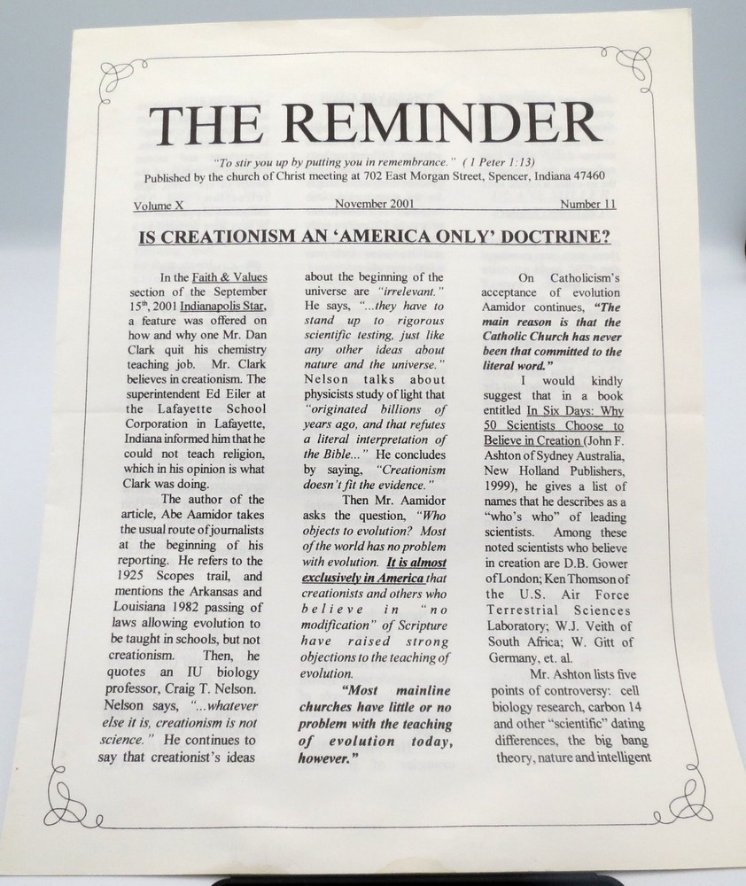 2001 November The Reminder Church of Christ Newsletter Spencer Indiana