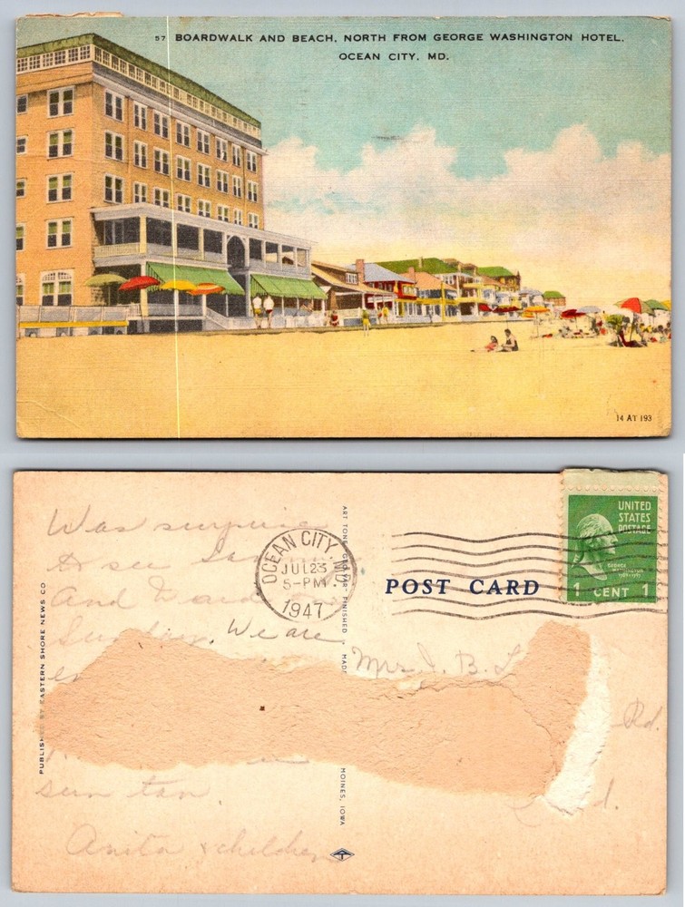 Ocean City MD Boardwalk Beach George Washington Hotel 1947 Postcard