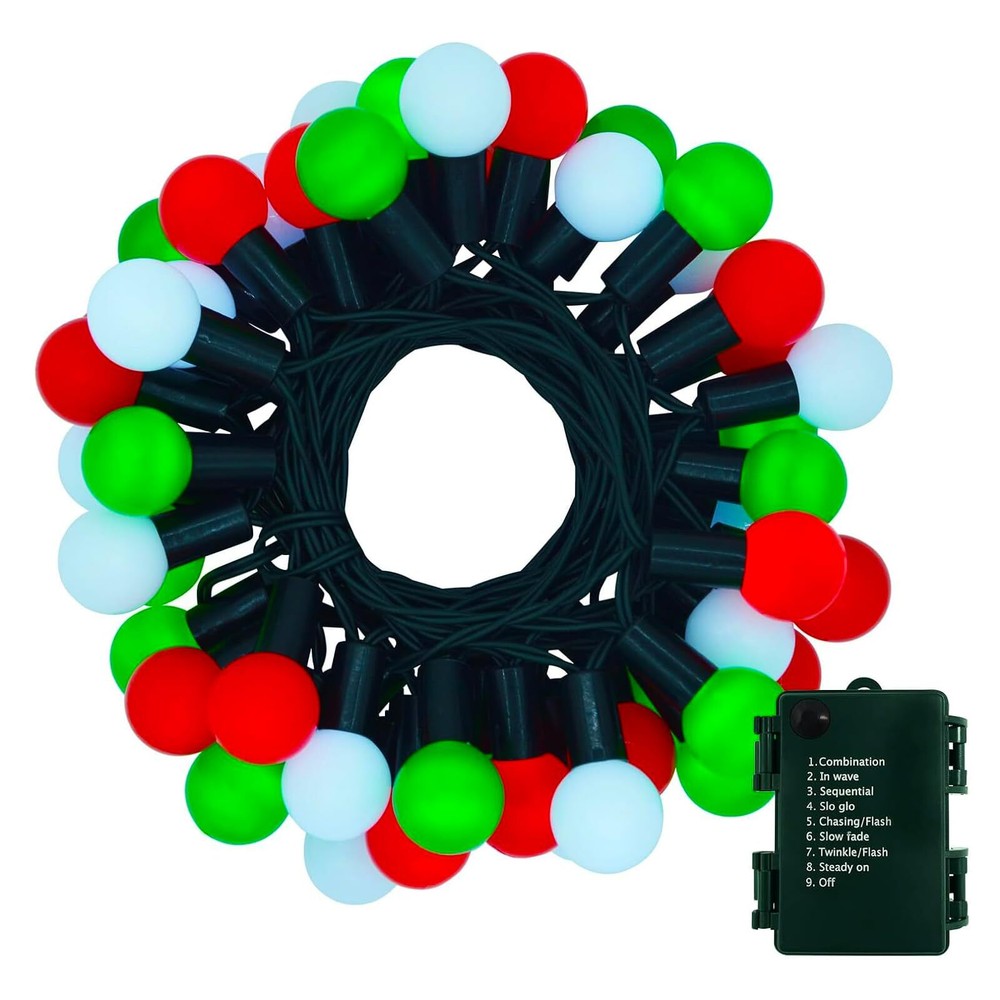 Christmas String Lights Battery Powered 16.4Ft 50LED Red White Green Globe St...