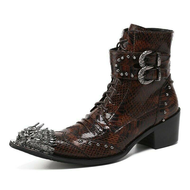 Men's Pointed Toe Rivet Buckle Ankle Boots High Heel Leather Stage Shoes  