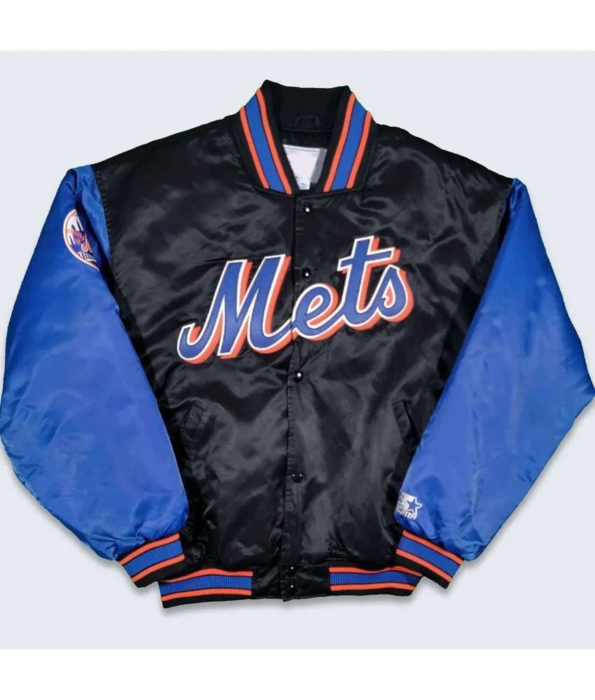 New York 90s Mets Black & Blue Satin Bomber Jacket Full-Snap Varsity FREE SHIP