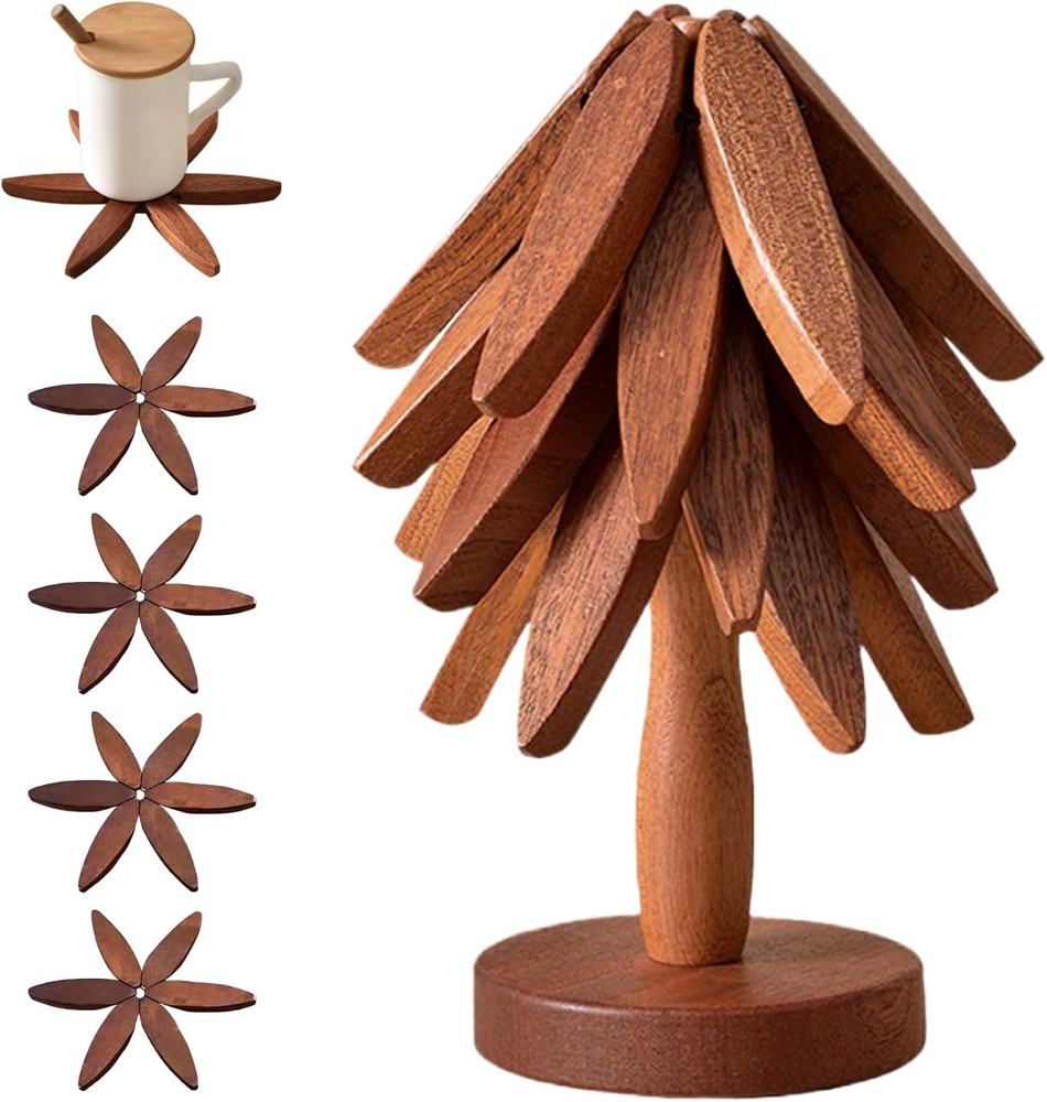 Tree Shape Wooden Trivets Set 4 Walnut Wood Trivets + 1 Stand Hot Dish Holder