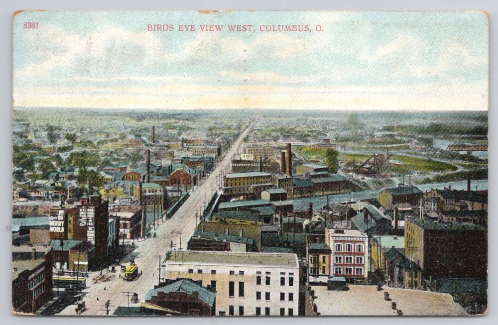 1908 Columbus, OH Birds Eye View West Postcard A. C. Bosselman Ohio