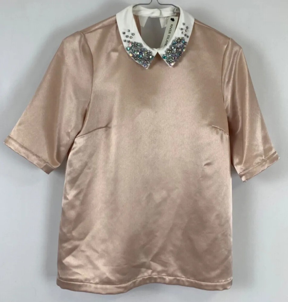 RIVER ISLAND BLOUSE TOP 6 PINK WHITE Satin Faux Diamond Beads Collar NEW RRP £35