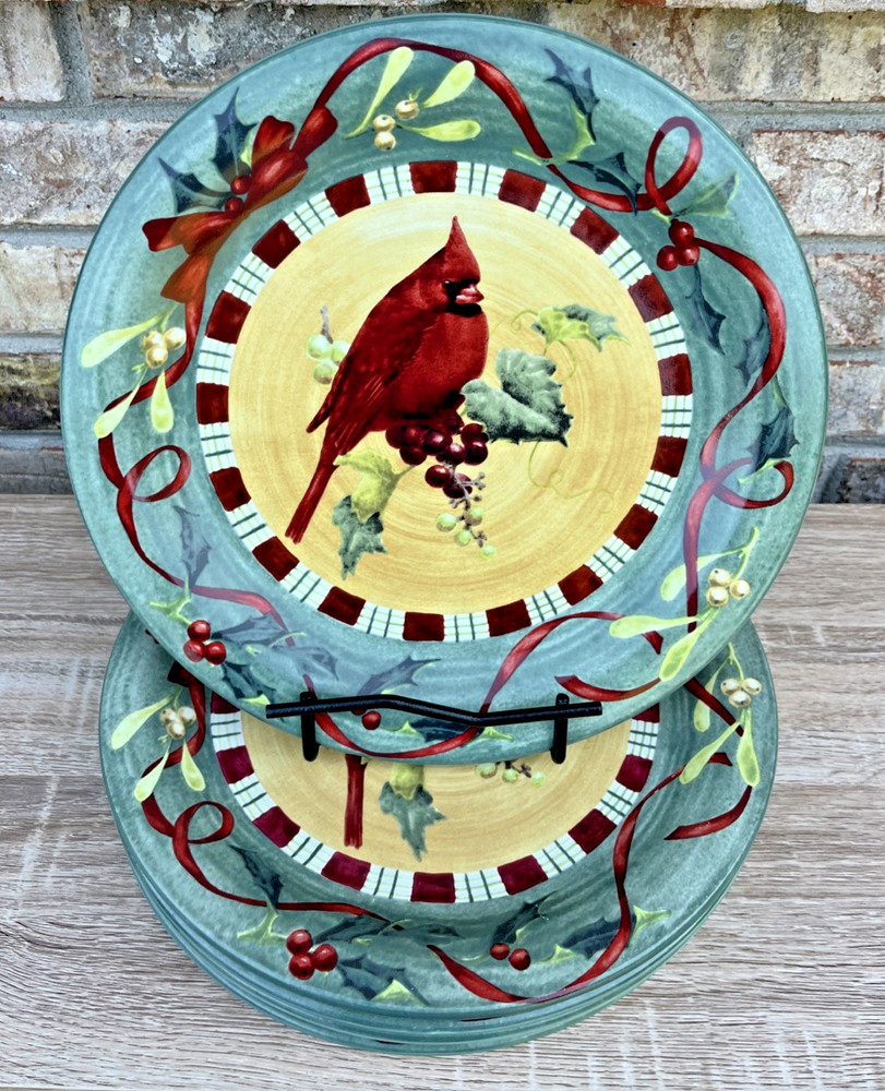 (A) Set of 5 Lenox Winter Greetings Everyday CARDINAL Dinner Plates 10 3/4