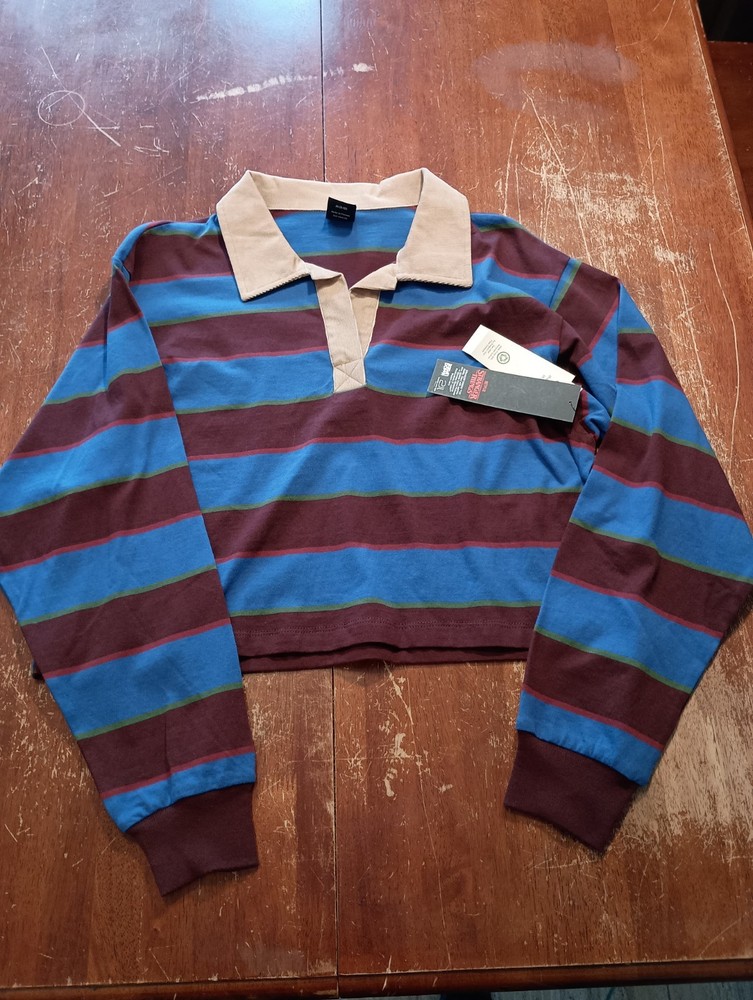No Boundaries Stranger Things Women's Cropped Striped Rugby Polo Size Medium