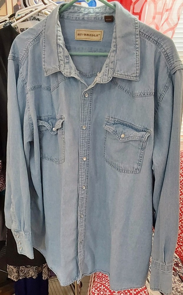 Bit & Bridle Men's Blue Denim Cotton Button-Up Shirt 3XL Long Sleeve Pockets