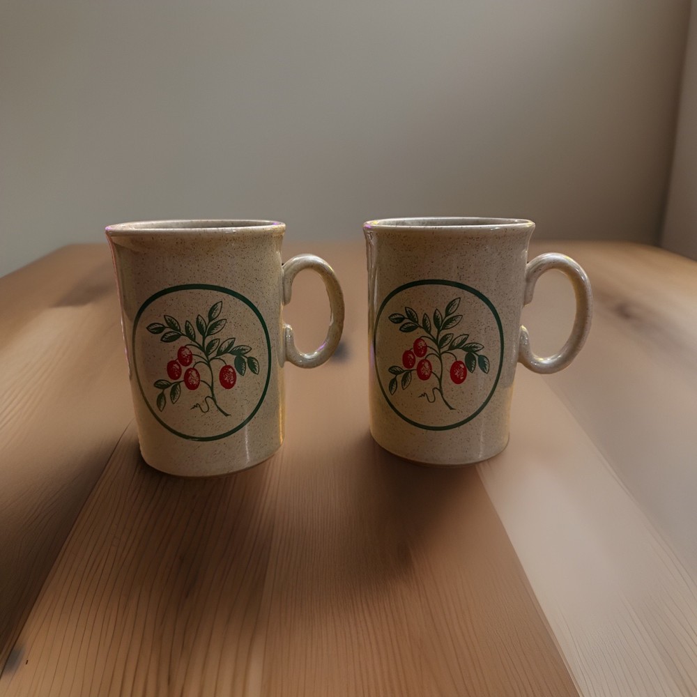 Vintage TAMS Coffee Plant & Beans Made in England Earthenware 2-set Mugs 10.5 oz