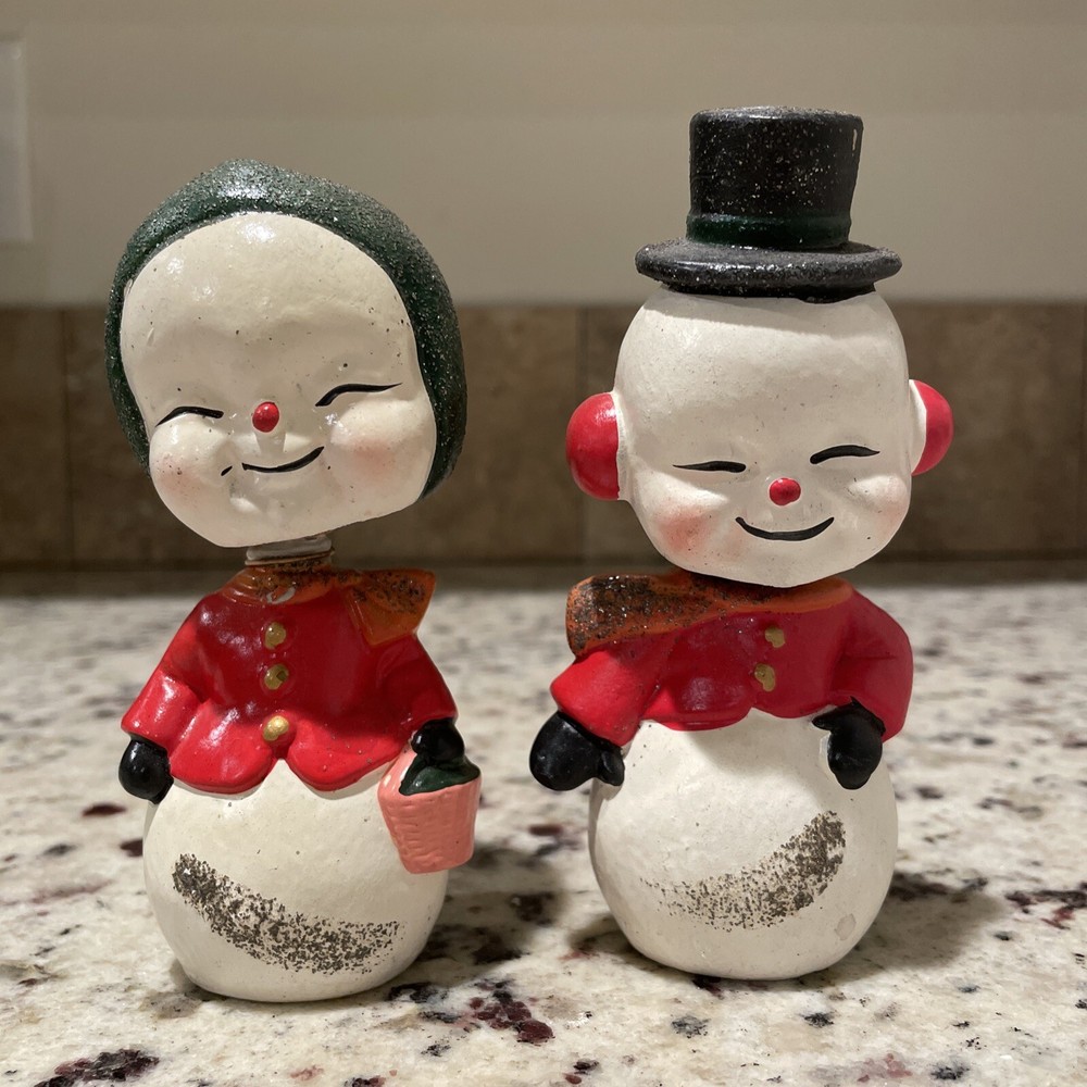 vintage Japan  nodders bobbleheads Snowman Snow Woman  Top Hat Christmas