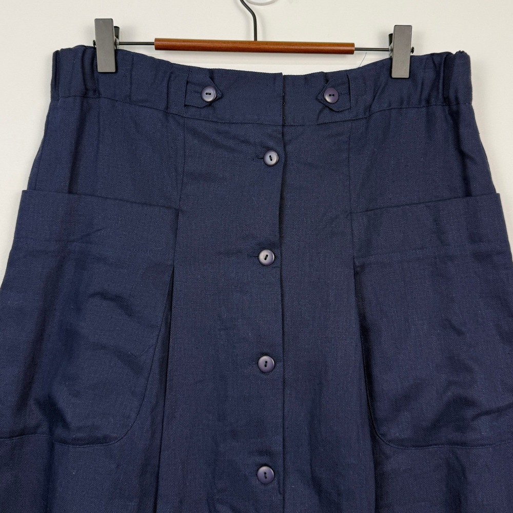 Vintage Button Front Maxi Skirt Women 10R Navy Linen Cotton Dark Academia Modest