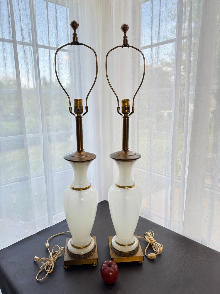 French Opal Opaline Glass Lamps 24K Gold Hollywood Regency MCM Mid Century