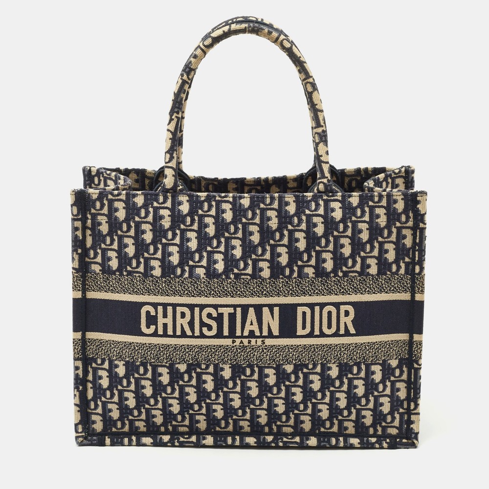 Dior Navy Blue Oblique Embroidered Canvas Medium Book Tote Bag