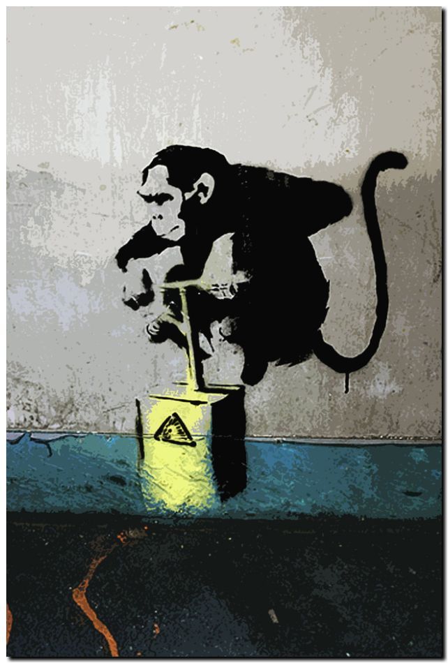 BANKSY STREET ART *FRAMED* CANVAS PRINT Monkey TNT detonator 18x12