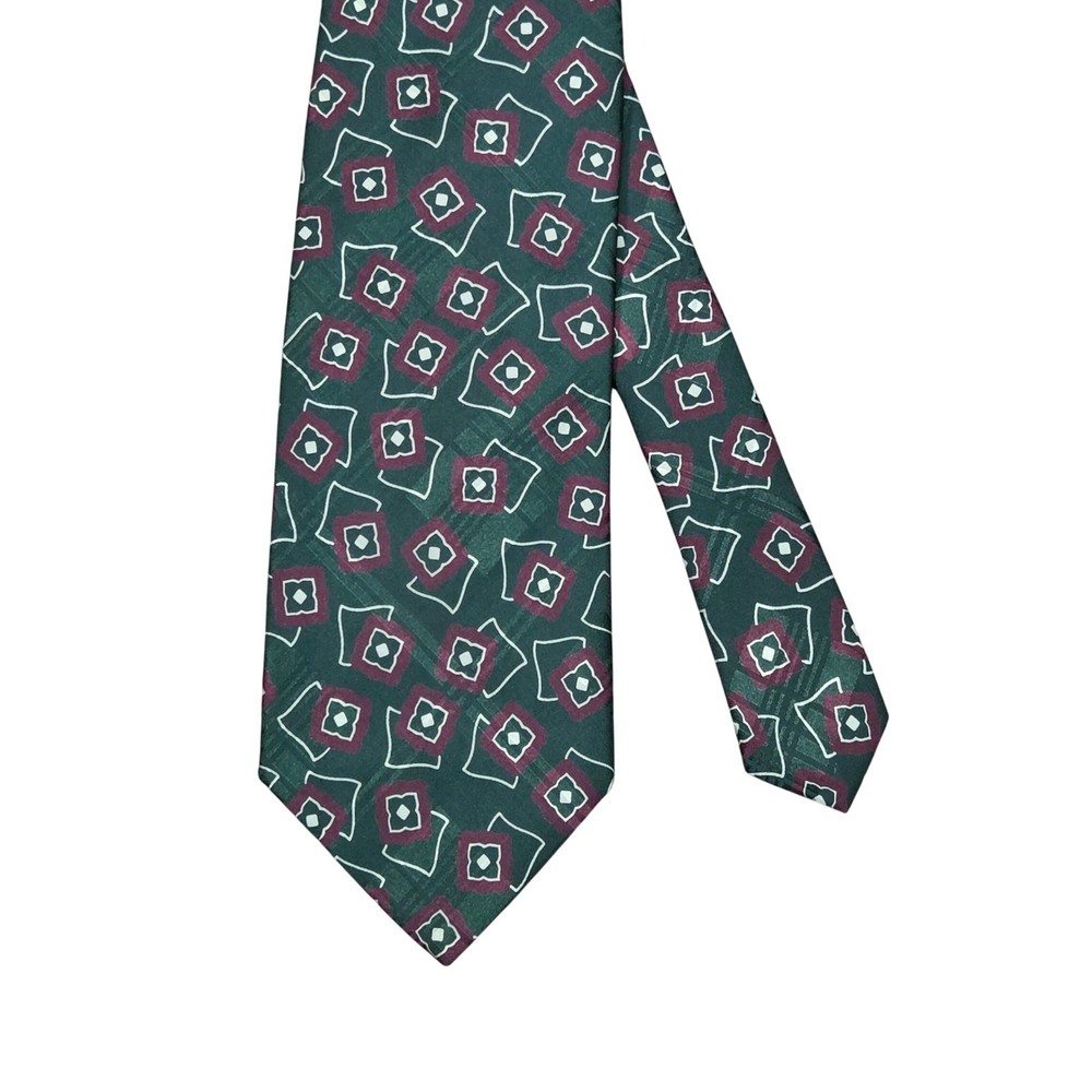 Vintage Polo Ralph Lauren Green Burgundy Silk Tie Necktie Geometric Handmade USA
