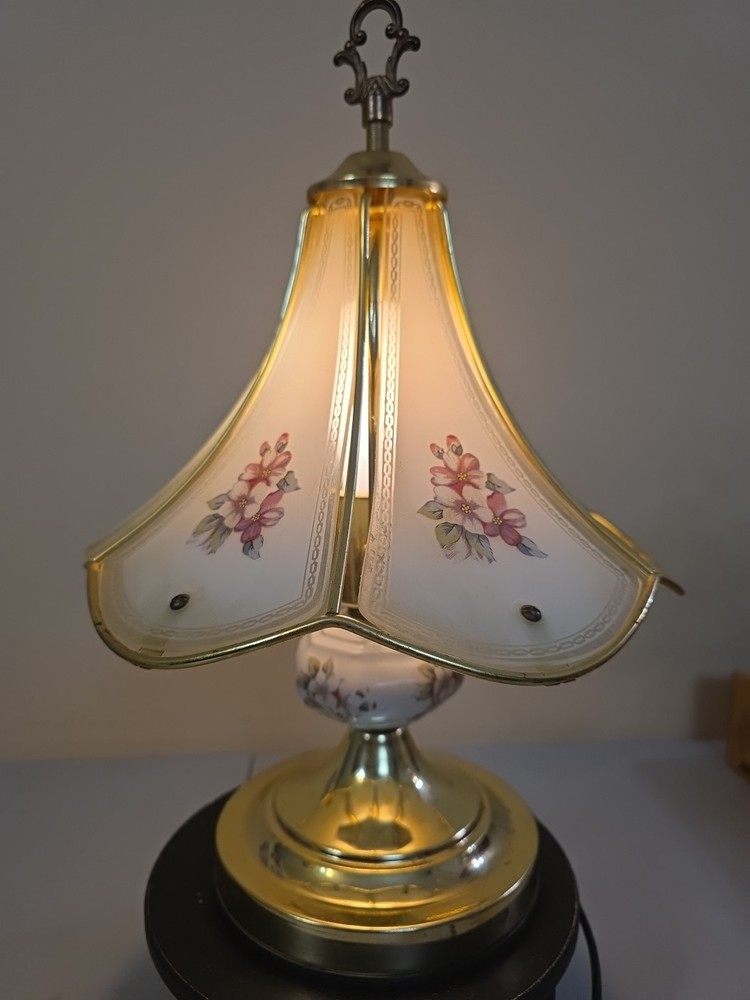 VTG 6 Panel Brass Tone Touch Lamp Rose Floral 3 Way Touch Tested and Works Read