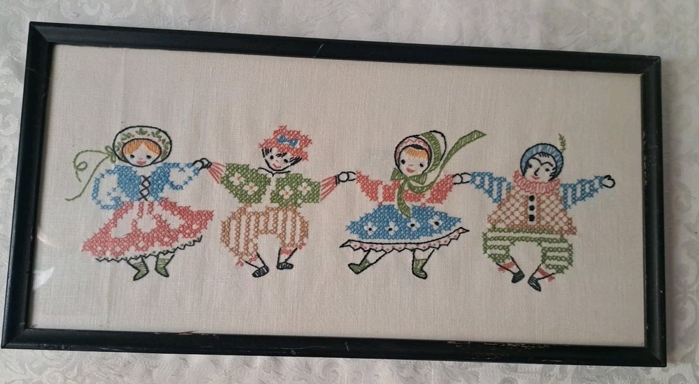Vintage 1960s Hand Sewn Framed Cross Stitch Whimsical Folk Art Dancers Children