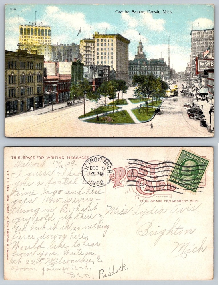 1909 Cadillac Square Detroit Michigan Postcard Pontchartrain Hotel Trolley