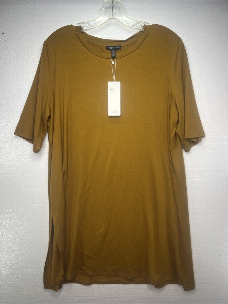 NWT EILEEN FISHER Goldenrod Tencel Crew Neck S/S Jersey Knit Tunic Top L