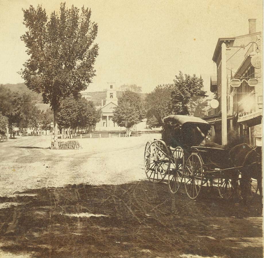 D0497~ Massachusetts – Fitchburg Main Street & Buggy & Church Stereoview-Moulton