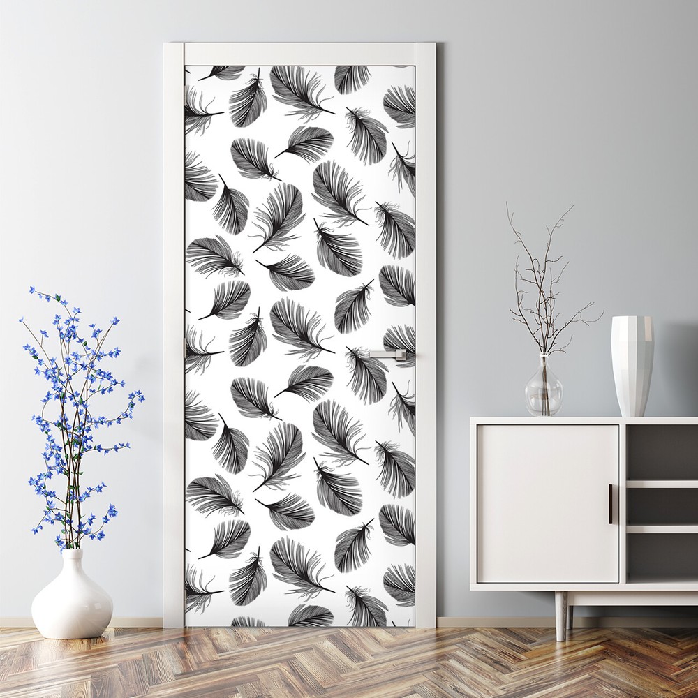 Hand-drawn black and white feather bubble-free door decal self-adhesive sticker