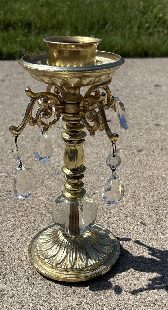 Vintage Dilly Gold Tone Candlestick Crystal Prisms Hollywood Regency Candelabra